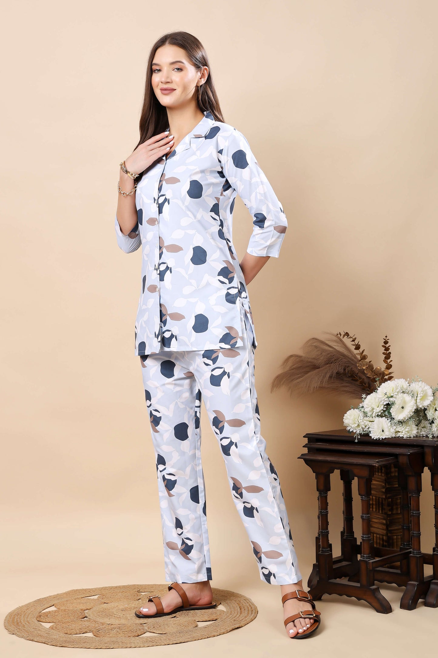 Rabric blue floral co-ord set side profile showing premium Glace Cotton fabric