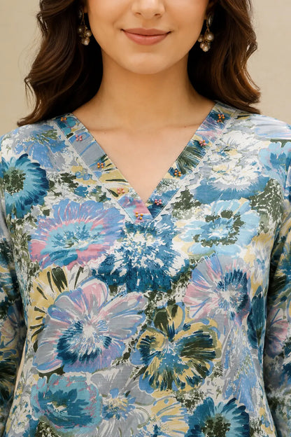 Close up of Rabric blue floral printed cotton co-ord set V-neck design with decorative detailing and premium cotton fabric texture