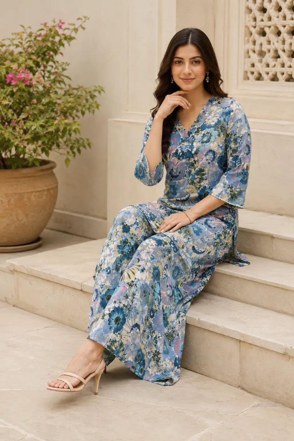 Rabric women's blue floral printed cotton co-ord set in elegant sitting pose showcasing breathable cotton fabric and relaxed fit