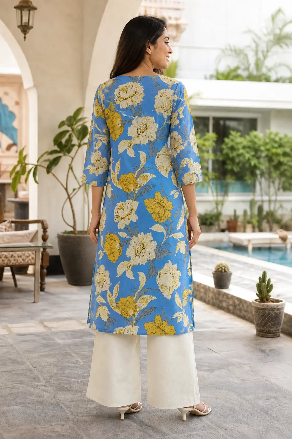 Blue floral printed cotton flex kurta pant set back view for women