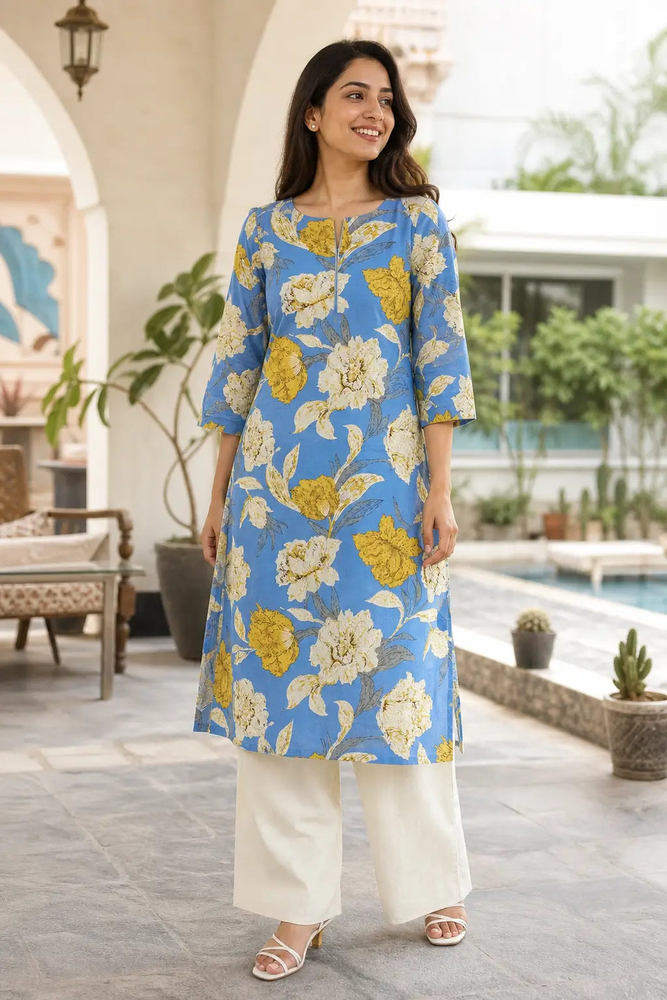 Women blue floral cotton flex stylish kurta pant set front view by Rabric