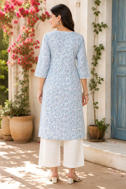 Back view of Rabric blue floral cotton women kurti with elegant straight fit and 3/4 sleeves casual ethnic outfit