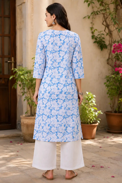Back view of Rabric women blue floral cotton kurti with straight fit full length ethnic wear kurta