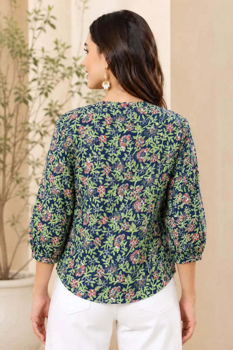Back view of Rabric navy blue floral cotton short top for women with relaxed fit and 3/4 sleeves
