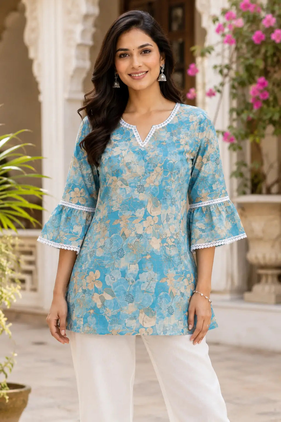 Rabric women blue floral cotton short top with bell sleeves and lace neck detail front view