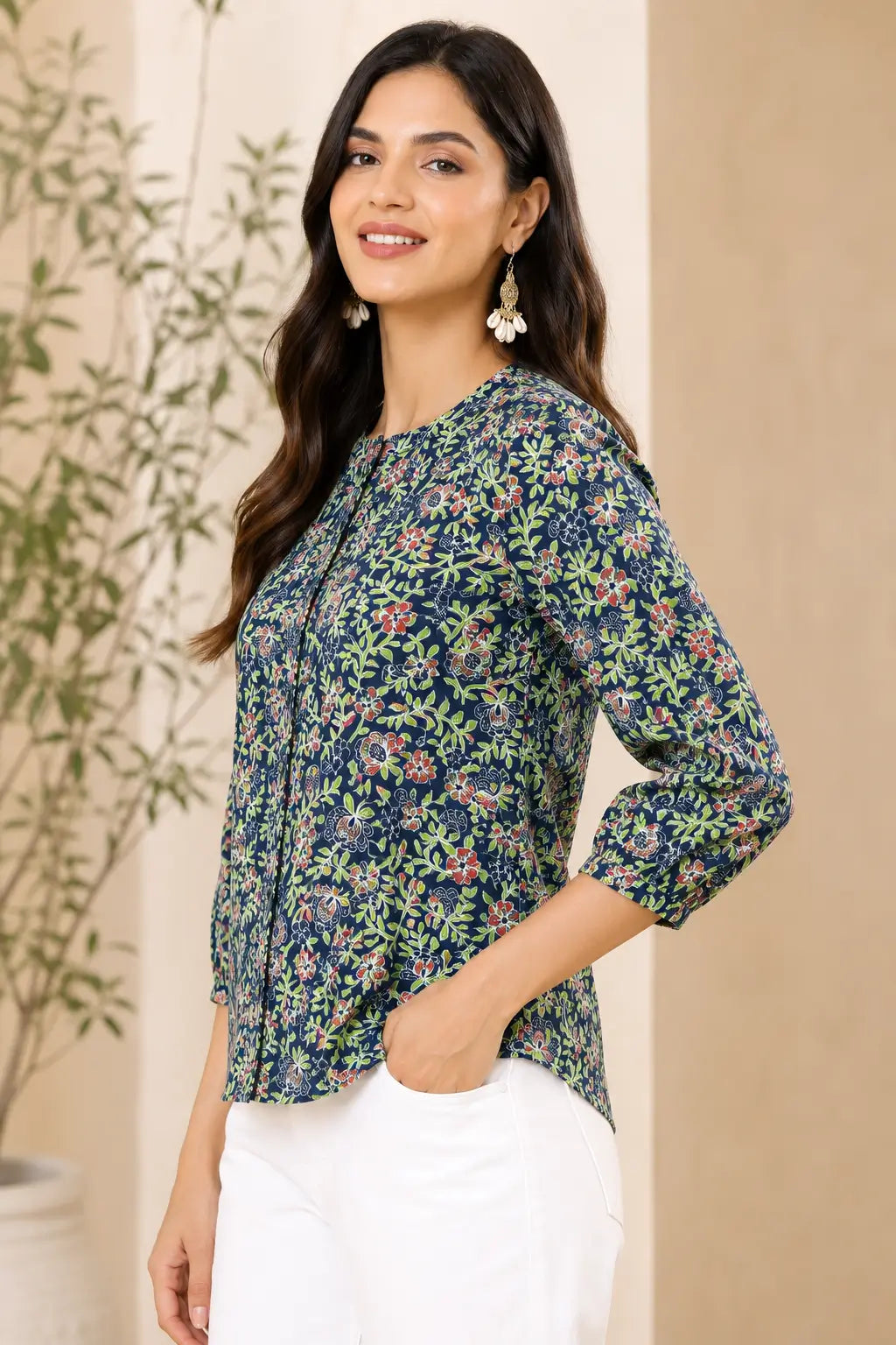 Side view of Rabric blue floral cotton short top for women with stylish casual summer look