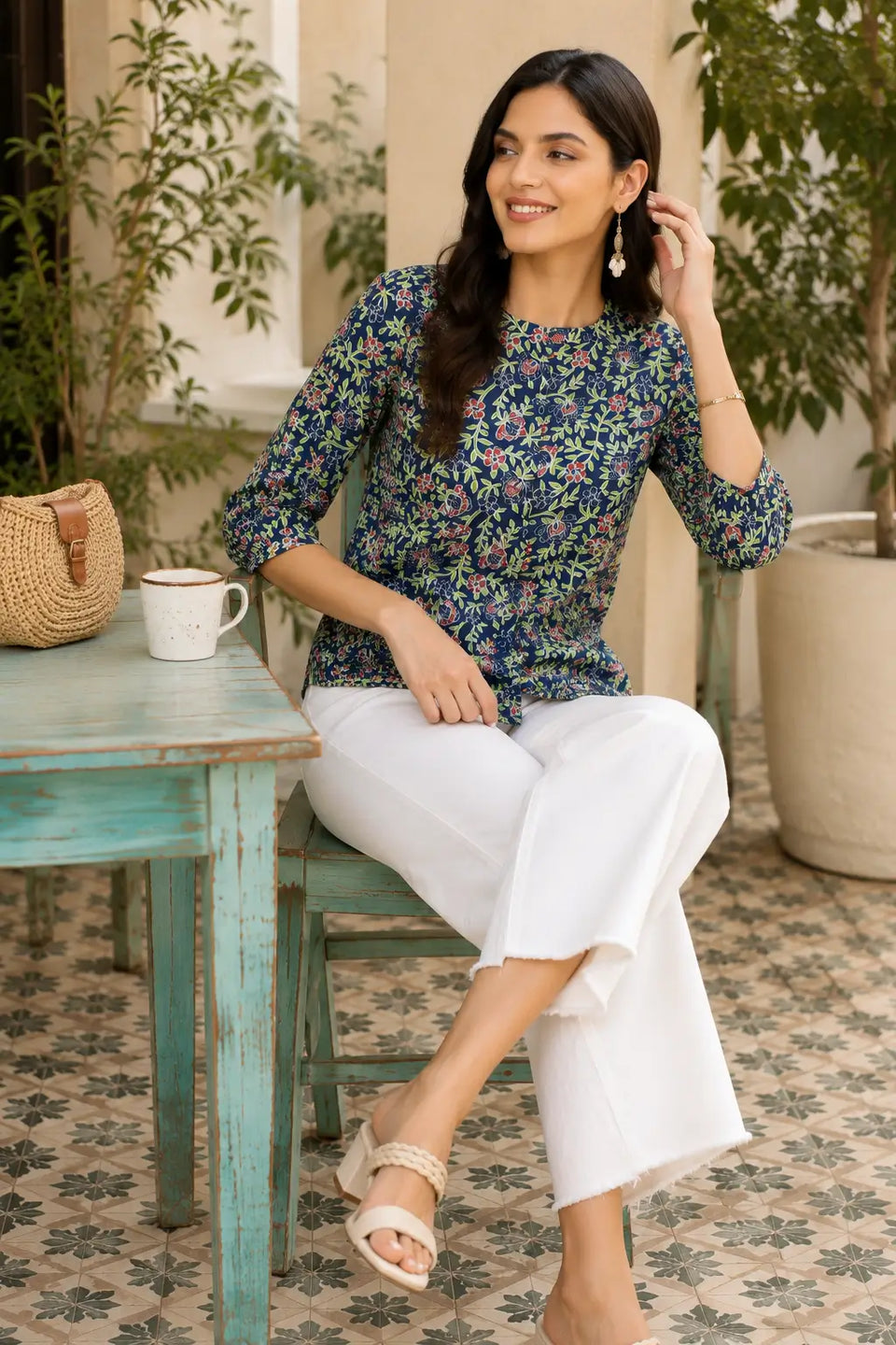 Woman sitting casually wearing Rabric blue floral cotton short top with elegant summer accessories