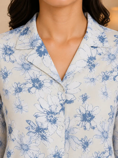 Close up collar neck design of Rabric blue floral glace cotton women night suit shirt with button detailing