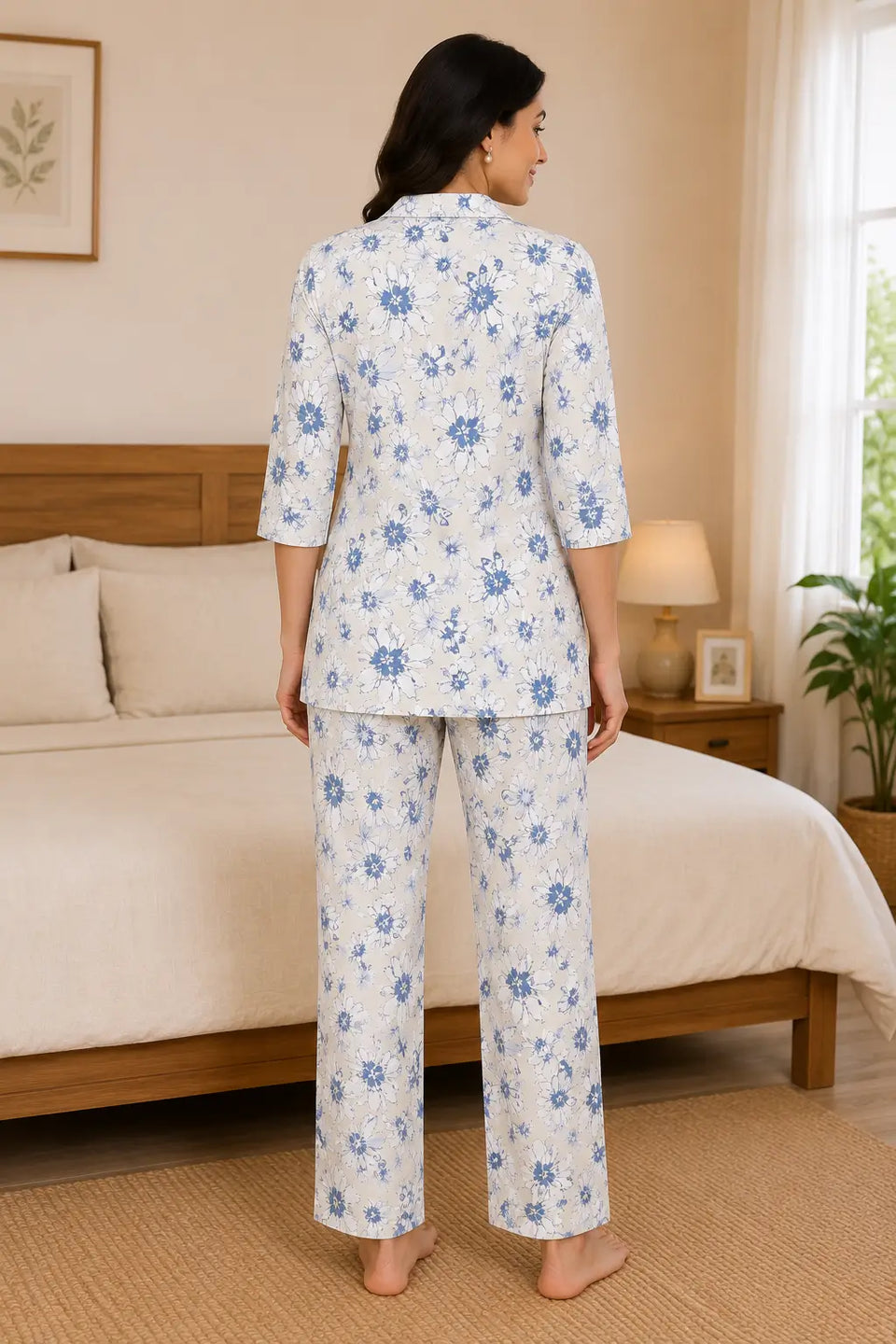 Back view of Rabric women blue floral glace cotton nightwear co-ord set with comfortable straight pants