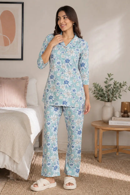 Rabric women blue floral glace cotton night suit co-ord set front view with 3-4 sleeves and straight pajama pants