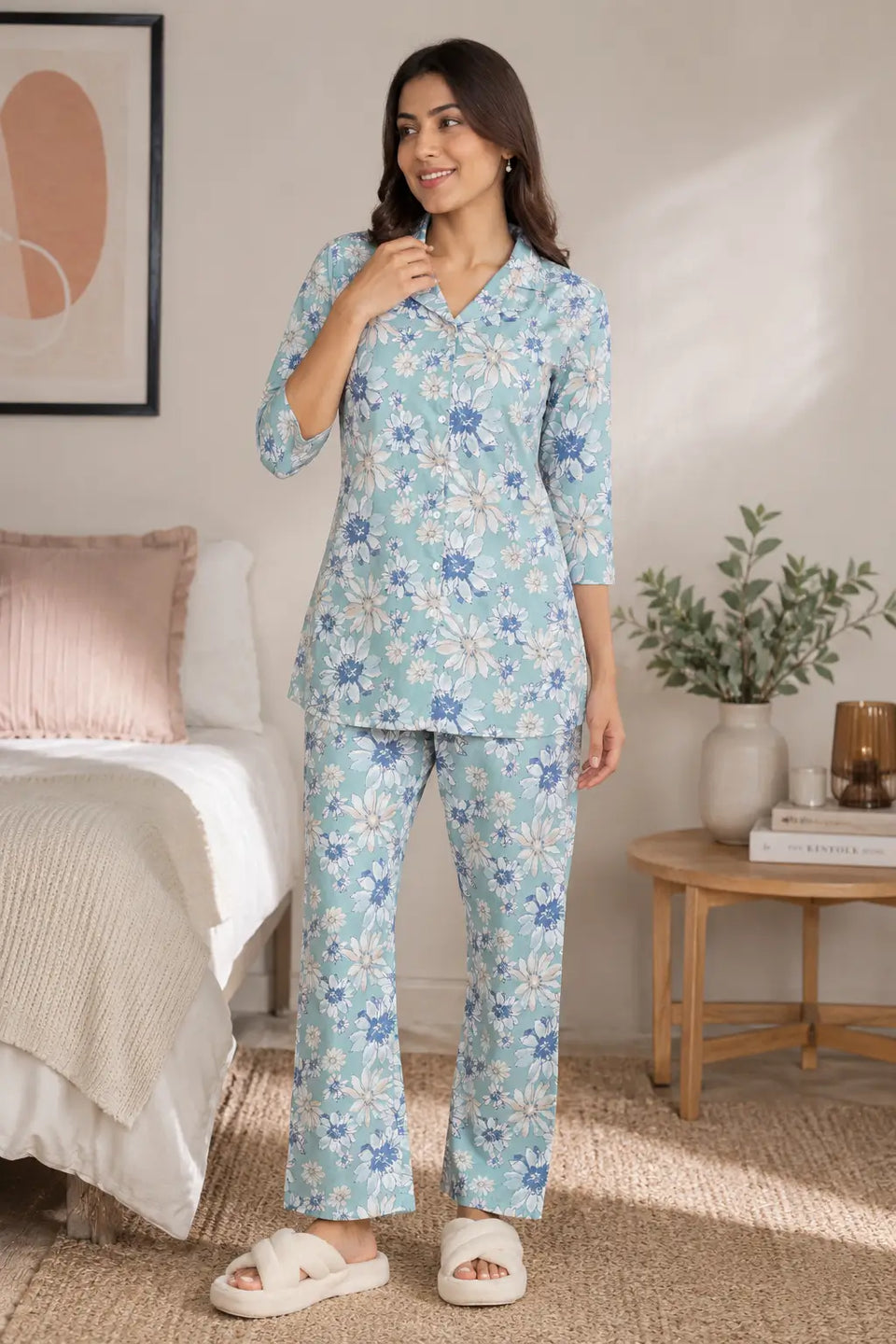 Rabric women blue floral glace cotton night suit co-ord set front view with 3-4 sleeves and straight pajama pants