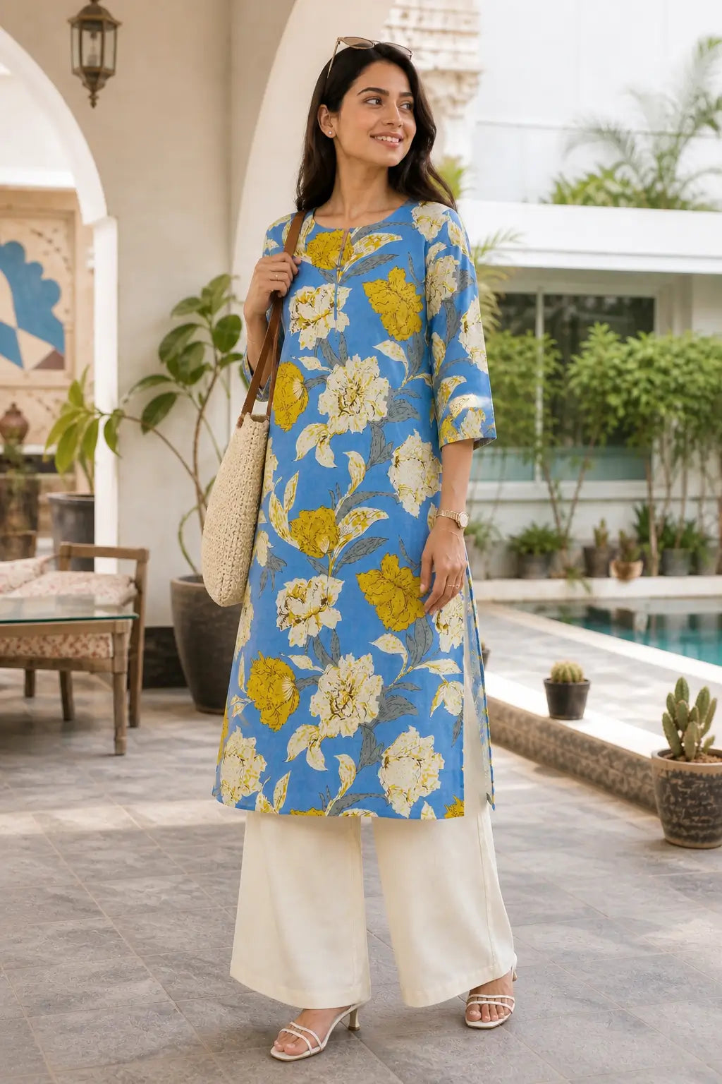 Women wearing stylish blue floral kurta pant set lifestyle front angle