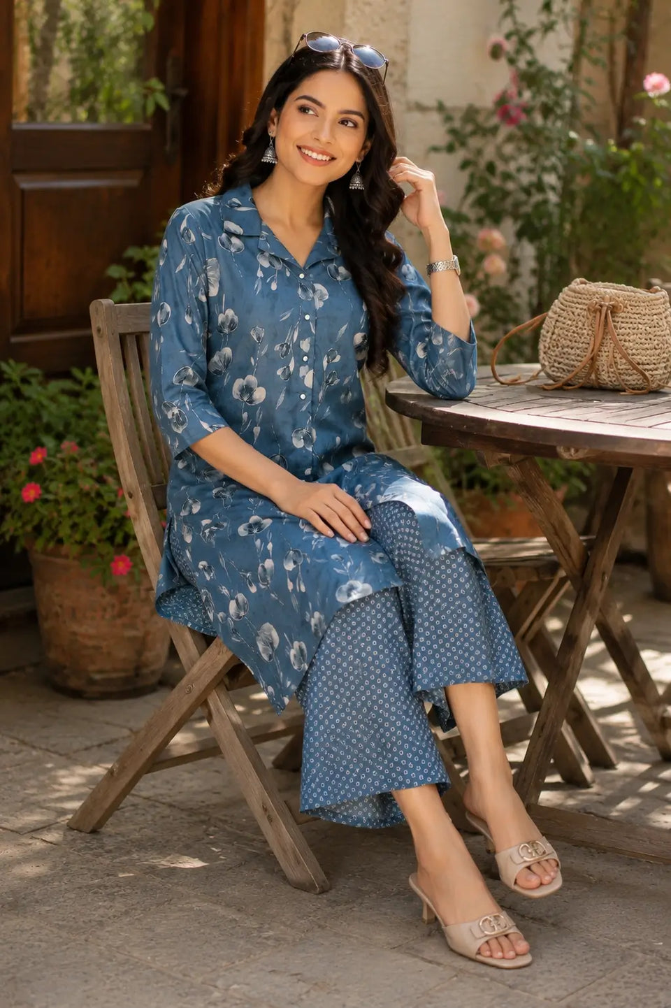 Elegant blue floral cotton kurta palazzo set for women from RABRIC
