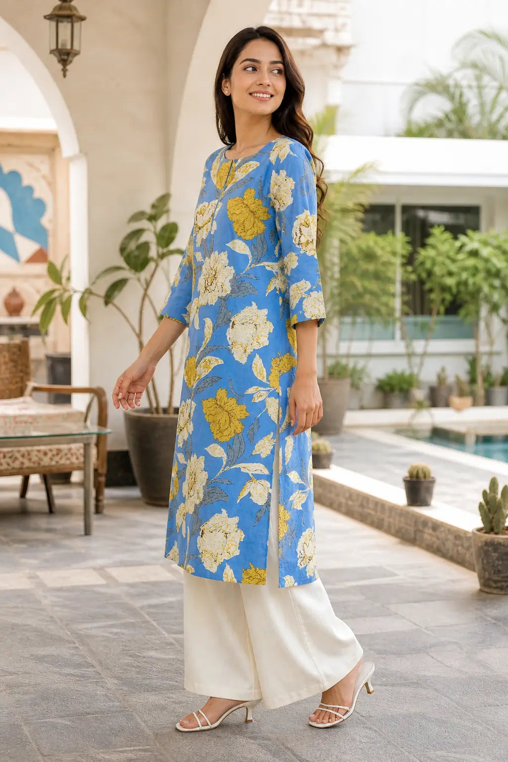 Side view of women’s blue floral cotton flex kurta pant set