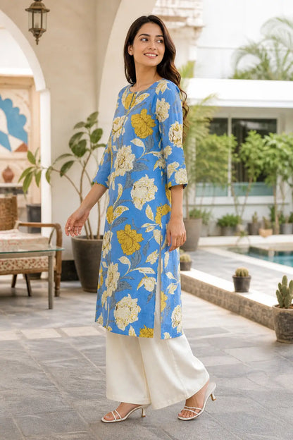 Side view of women’s blue floral cotton flex kurta pant set