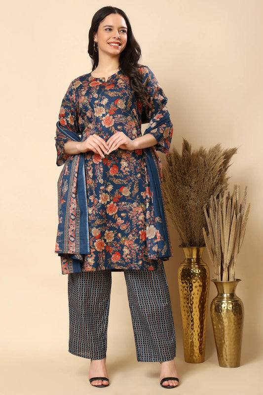 Women blue floral kurta pant set with dupatta front view