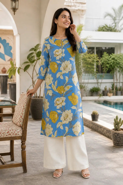Stylish blue floral kurta pant set with bell bottom pants studio view