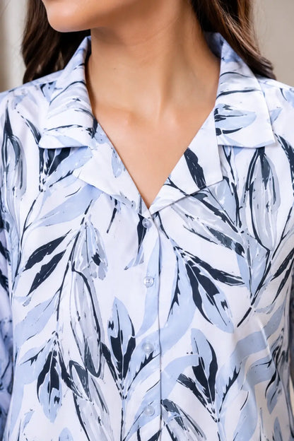 Close up collar neck design of Rabric blue glace cotton women night suit co-ord set with button detailing