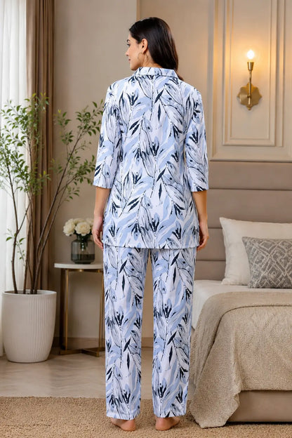 Back view of Rabric women blue glace cotton floral printed night suit co-ord set with full length pajama