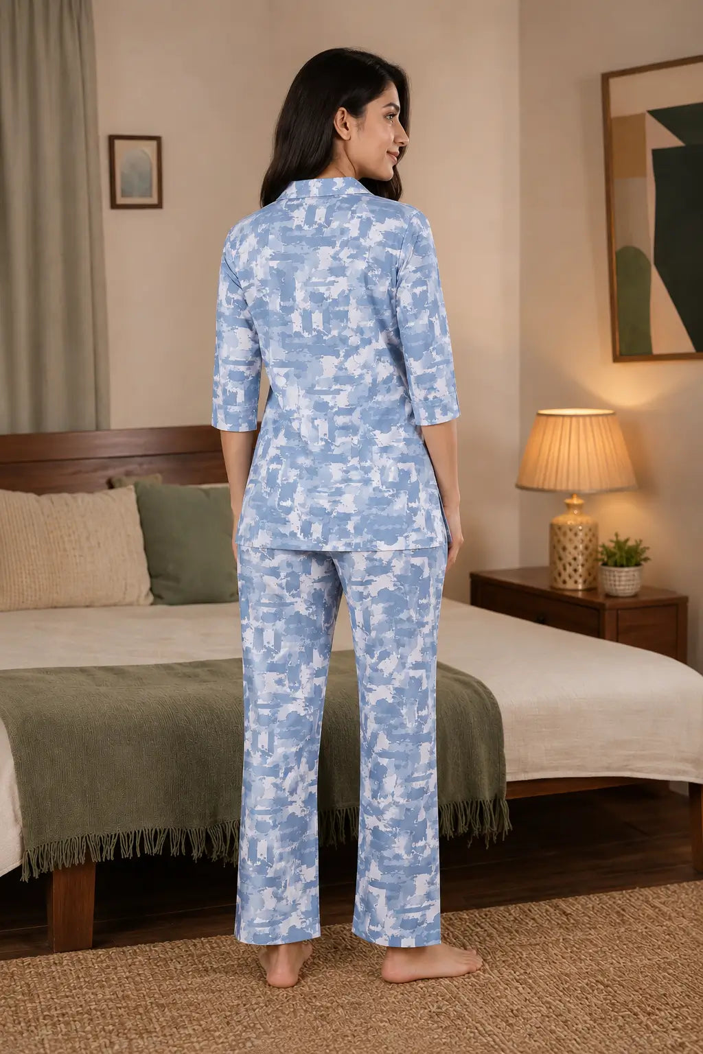 Back view of Rabric blue glace cotton women’s nightwear co-ord pajama set with relaxed fit full length pants