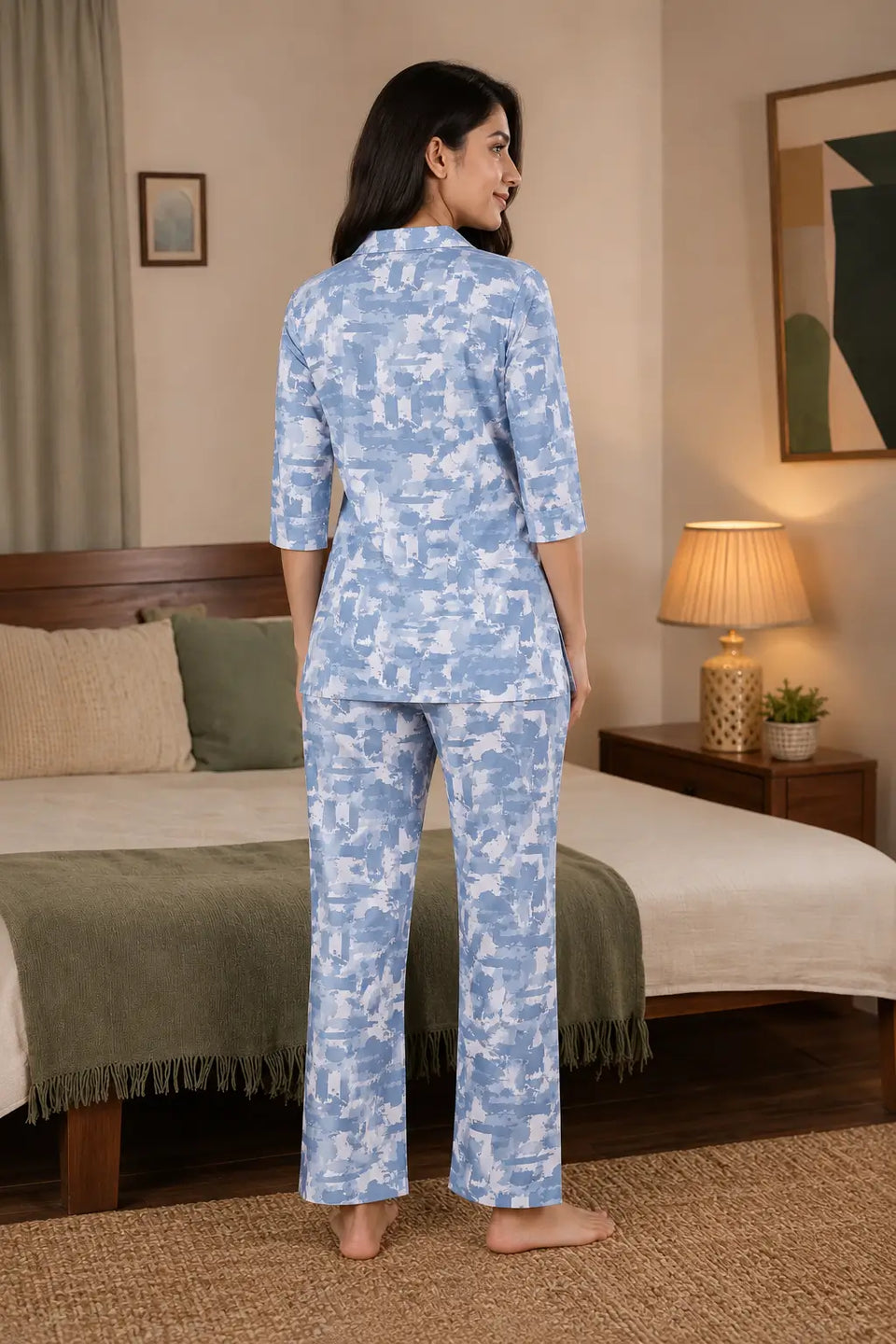 Back view of Rabric blue glace cotton women’s nightwear co-ord pajama set with relaxed fit full length pants