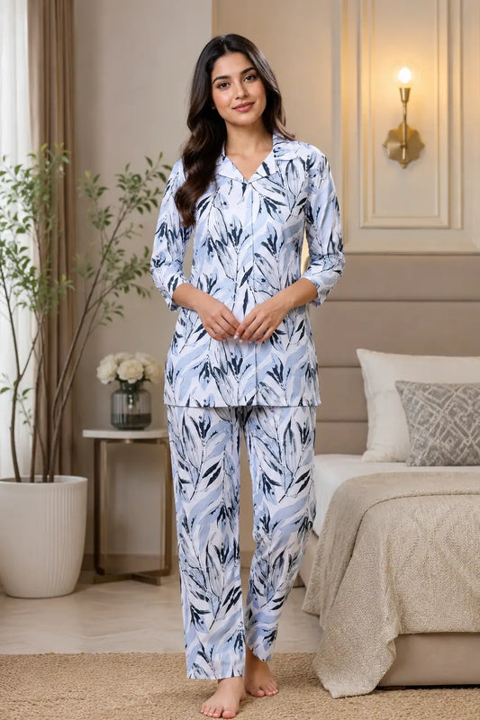 Rabric women blue glace cotton printed night suit co-ord set front view with 3/4 sleeves and relaxed fit pajama