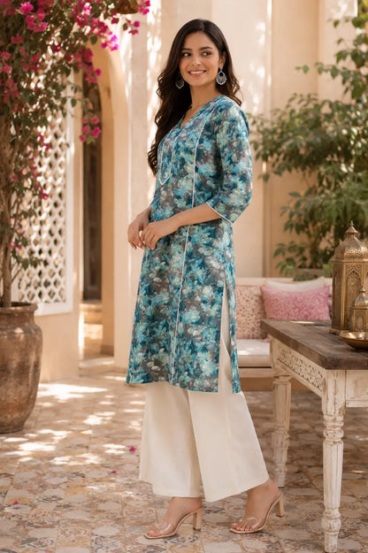 Side angle view of Rabric blue grey floral cotton kurti paired with white palazzo pants stylish ethnic outfit for women