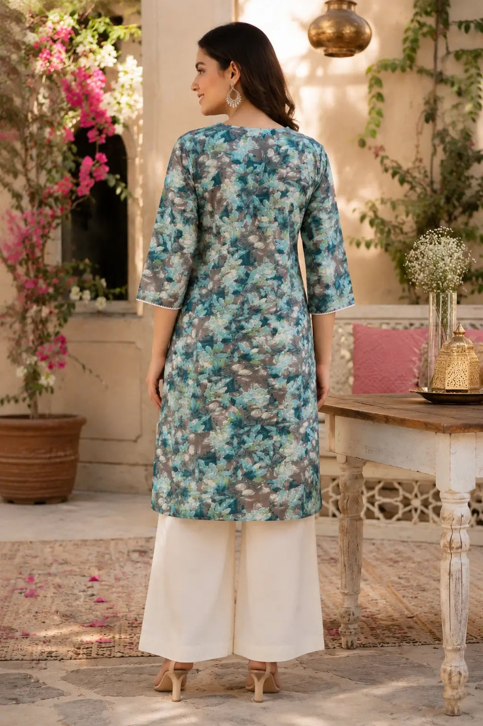 Back view of Rabric women blue grey floral printed cotton kurti with straight fit design and 3/4 sleeves casual wear kurta