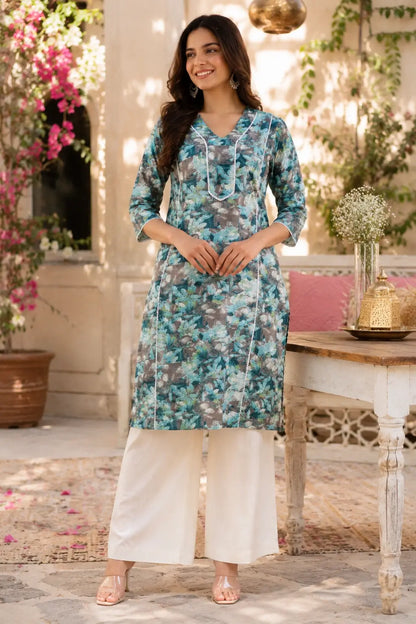 Rabric women blue grey floral cotton kurti front view with stylish V neck and 3/4 sleeves mid length casual ethnic wear kurta