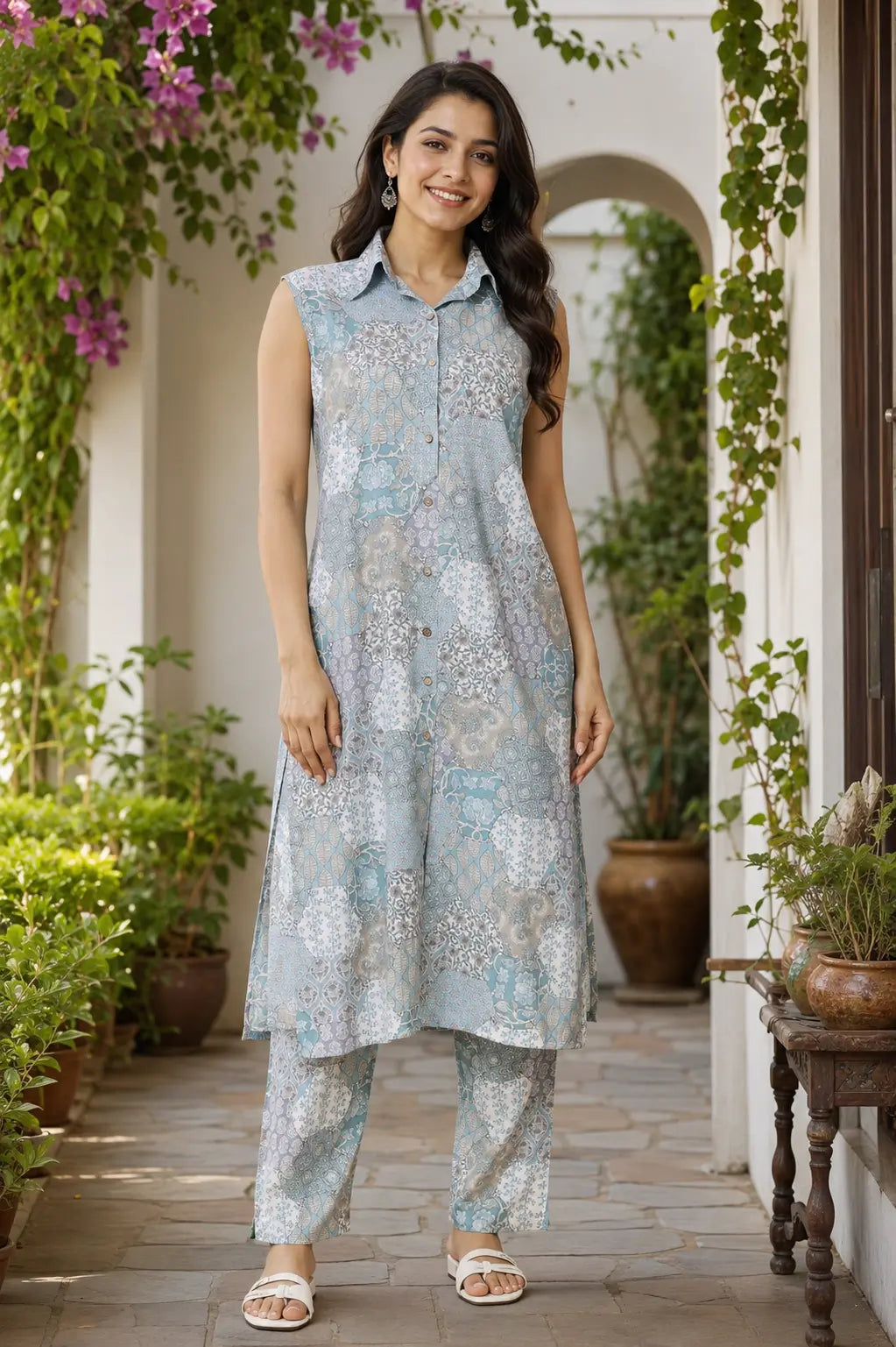 RABRIC women pastel blue printed sleeveless kurta pant set front view summer casual ethnic wear
