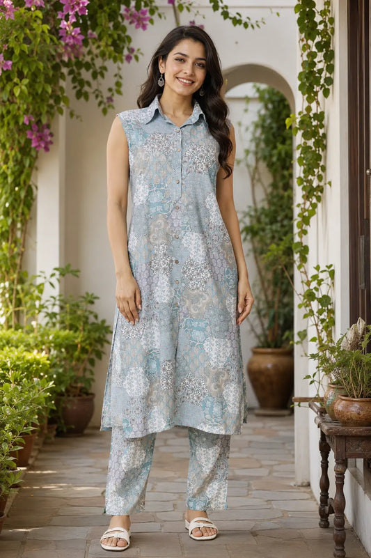 RABRIC women pastel blue printed sleeveless kurta pant set front view summer casual ethnic wear