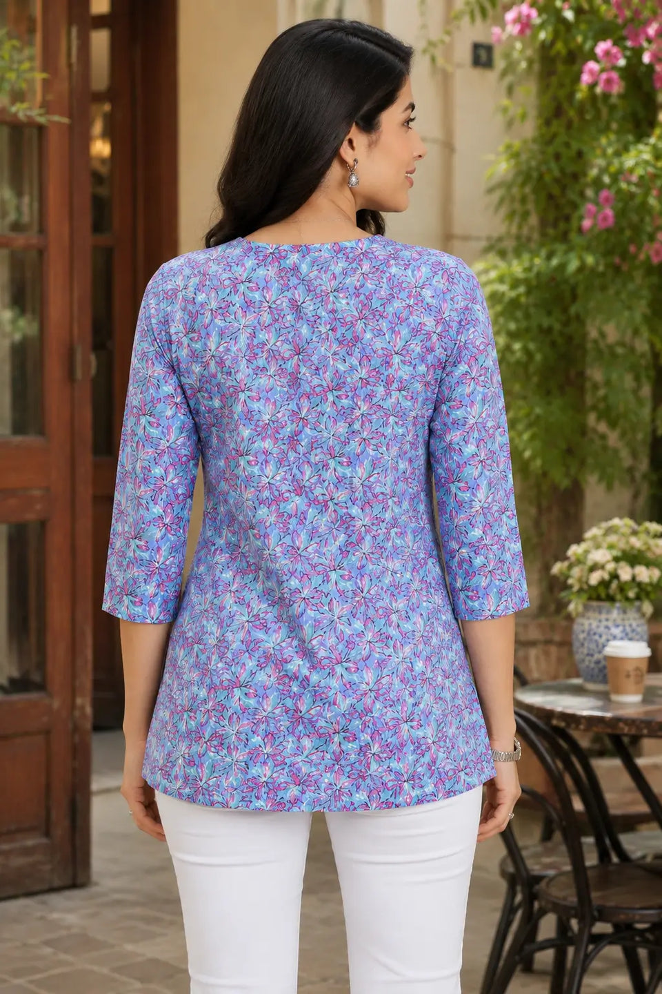 Back view of Rabric blue pink floral cotton short top for women with 3/4 sleeves and relaxed comfortable fit