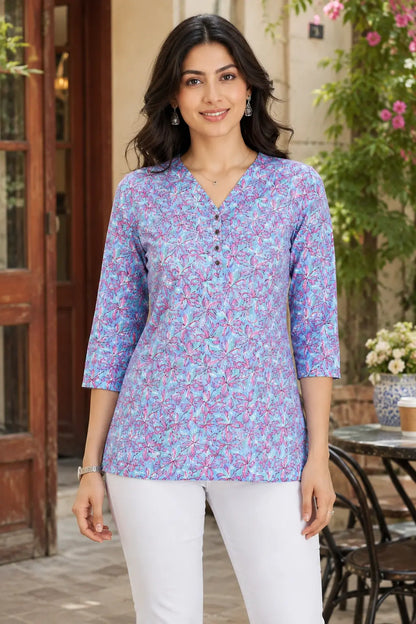 Rabric women blue and pink floral cotton short top front view with V neck and 3/4 sleeves stylish mid length casual top for women