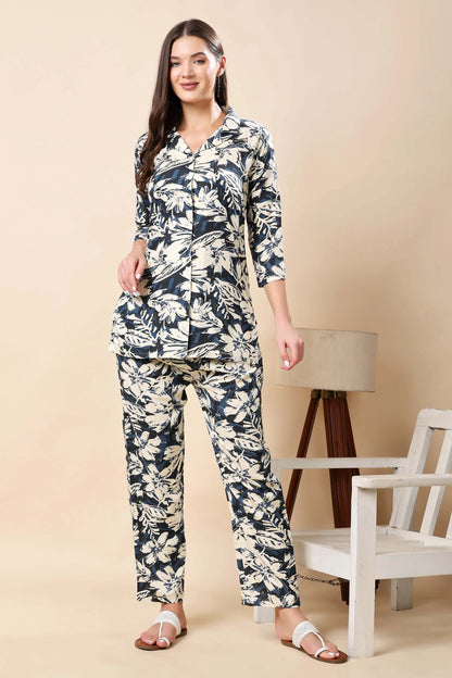 Woman wearing Rabric premium blue printed rayon co-ord set front view