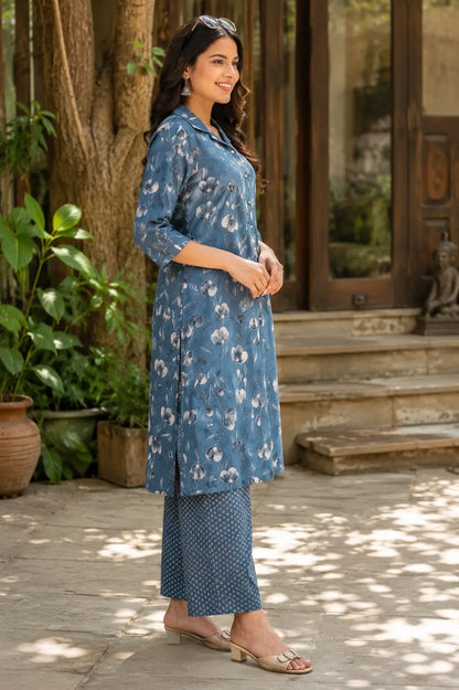 Side profile of RABRIC blue printed cotton kurta with palazzo pants