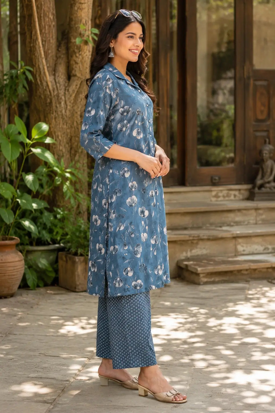 Side profile of RABRIC blue printed cotton kurta with palazzo pants