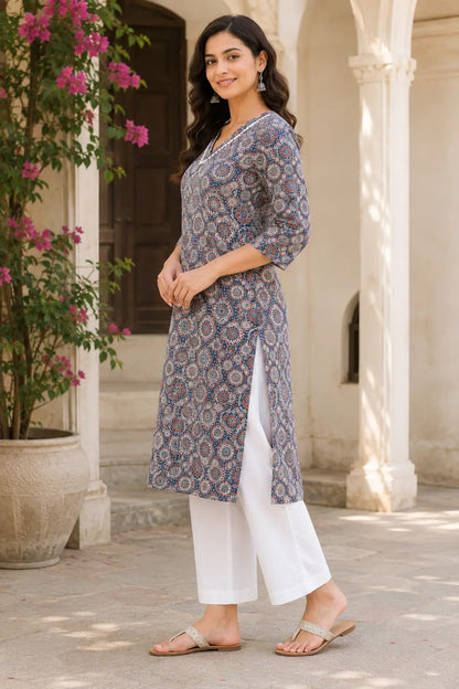 Side angle view of Rabric blue printed cotton kurti for women with side slit and 3/4 sleeves