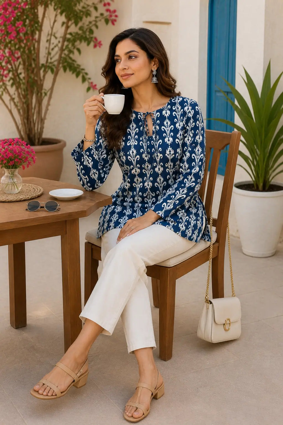 RABRIC women’s blue floral printed tunic top in elegant seated lifestyle pose