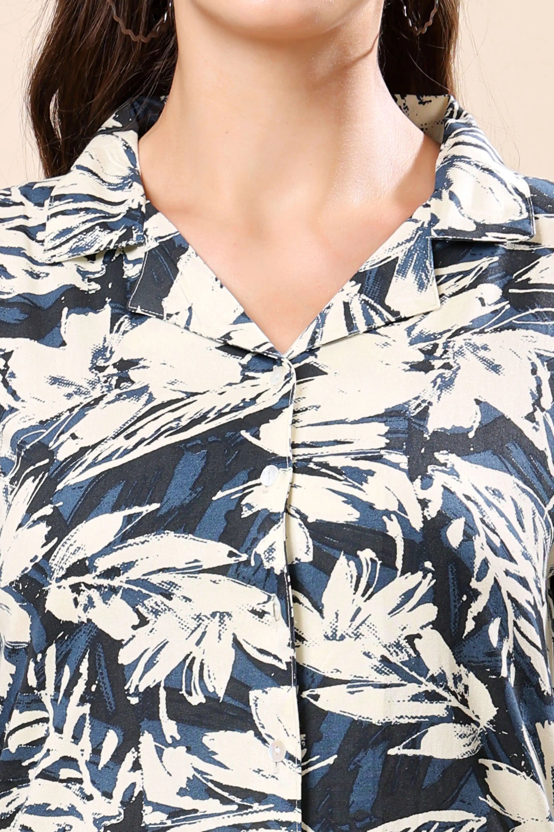 Blue floral printed co-ord set for women by Rabric close-up top view