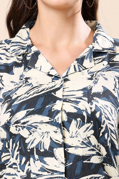 Blue floral printed co-ord set for women by Rabric close-up top view