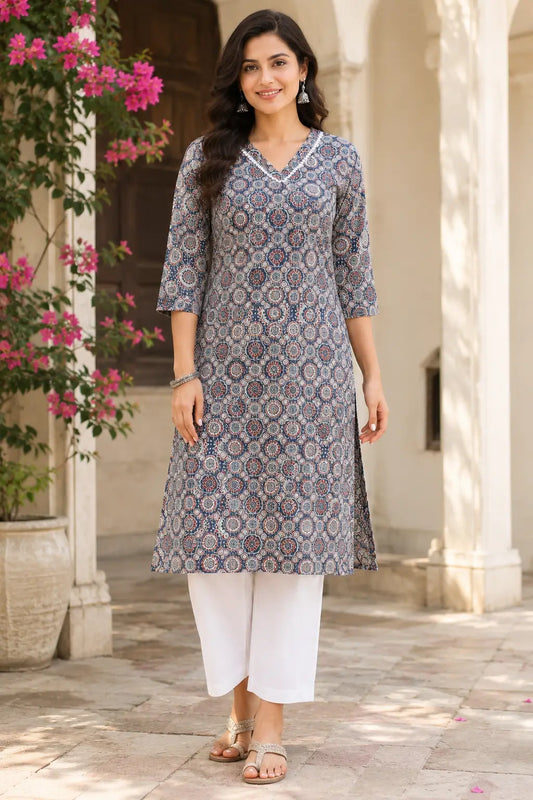 Rabric blue and red Ajrakh print cotton kurti for women front view with V neck and 3/4 sleeves casual ethnic wear