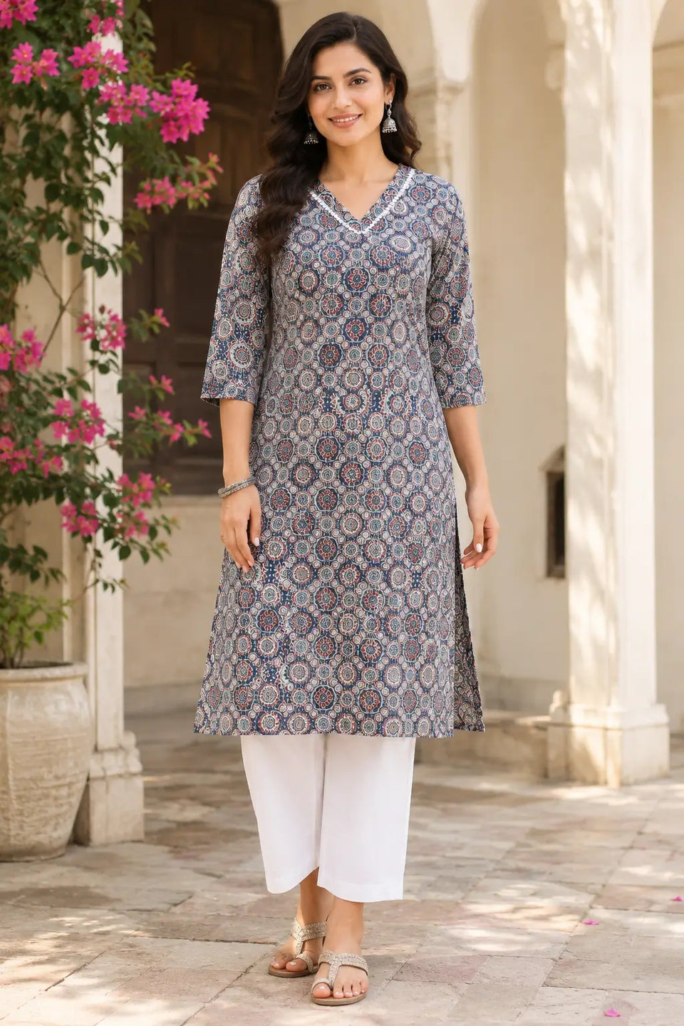 Rabric blue and red Ajrakh print cotton kurti for women front view with V neck and 3/4 sleeves casual ethnic wear