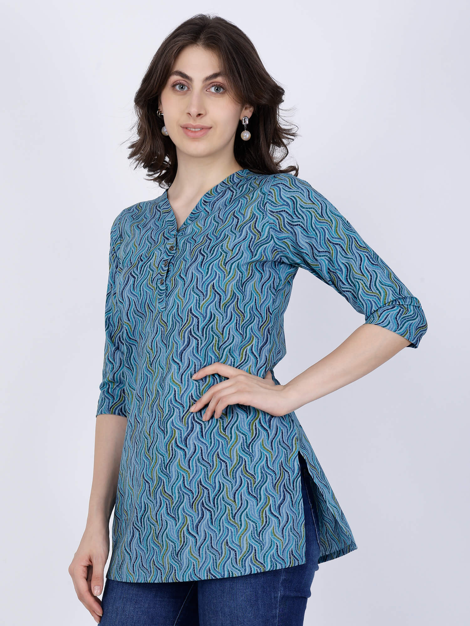 Side View of Rabric Blue Printed Cotton Short Kurti