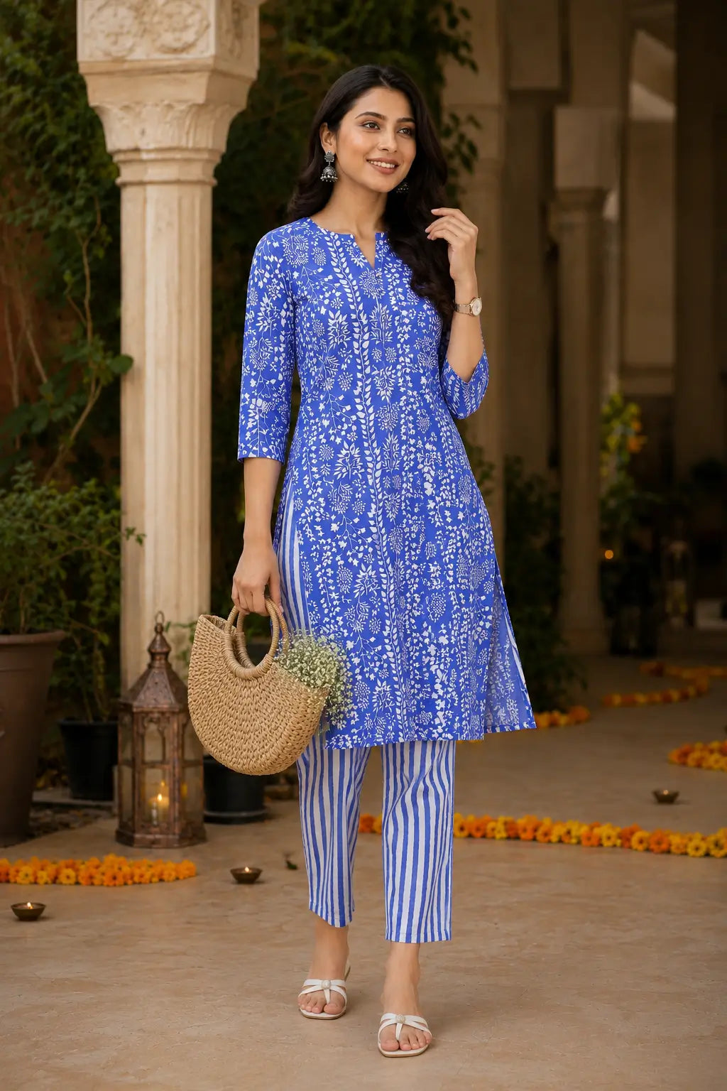Lifestyle image of Rabric blue and white cotton kurta pant set with casual accessories for stylish women daily wear