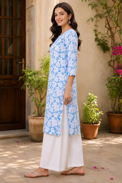 Side angle view of Rabric blue white floral cotton kurti for women with stylish straight silhouette and side slit