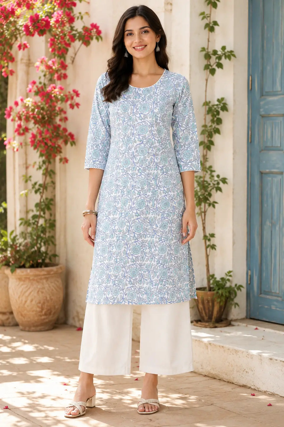 Rabric blue white floral cotton women kurti front view with stylish neck and 3/4 sleeves ethnic casual wear for women