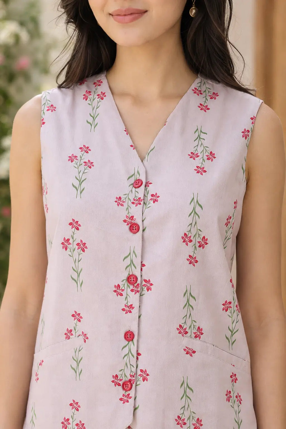 Close-up of Rabric blush pink Cotton Flex floral printed co-ord set showing sleeveless V-neck design, pink front buttons and delicate floral print