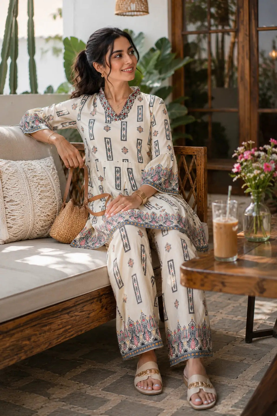 Rabric boho style off white cotton printed co-ord set for women in casual sitting pose with handbag and accessories at aesthetic cafe setting