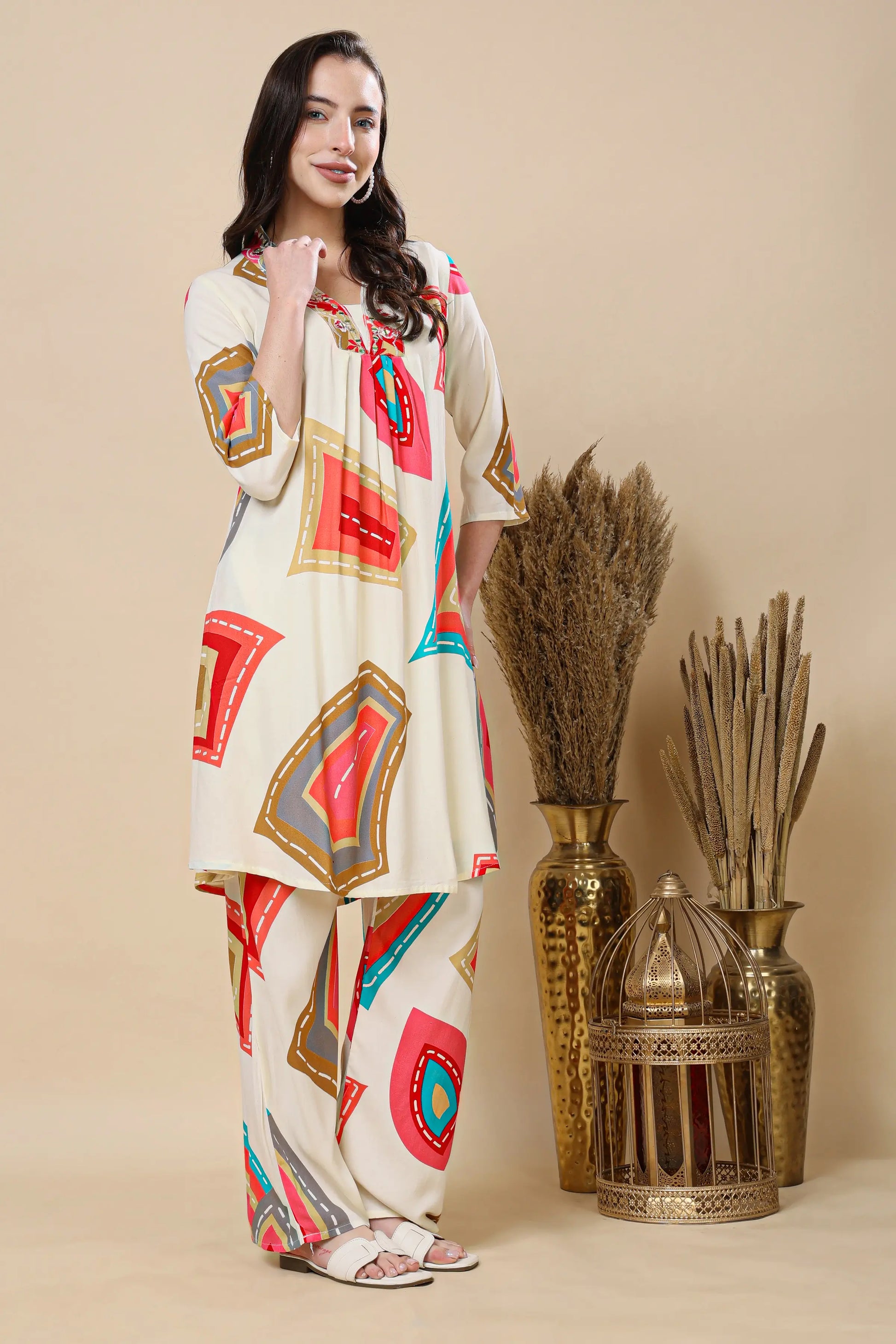 Summer cotton outfit featuring stylish co-ord set for women with printed long kurti and pants