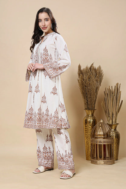 Rabric Premium Mul Cotton Floral Co-ord Set for Women – White & Brown Printed Long Kurti with Straight Pants | Breathable Summer Ethnic Co-ord Set